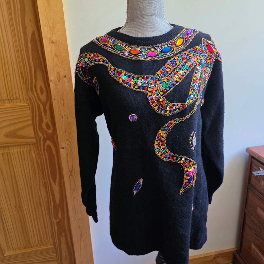 Vintage Black Beaded Sequin Cardigan Rainbow Jewel Embellished Knit Sweater